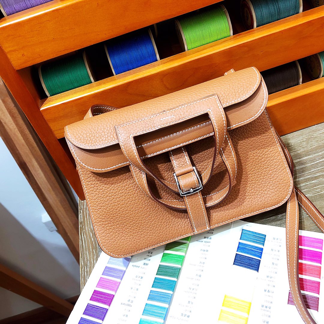 에르메스 미니 할잔백22 골드브라운 은장 끌레망스 가죽